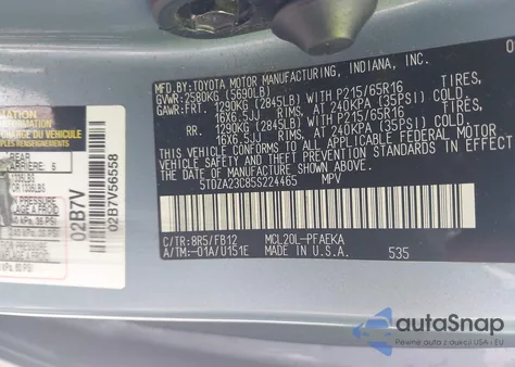 2005 Toyota Sienna Le z USA, uszkodzony, nr VIN 5TDZA23C85S224465